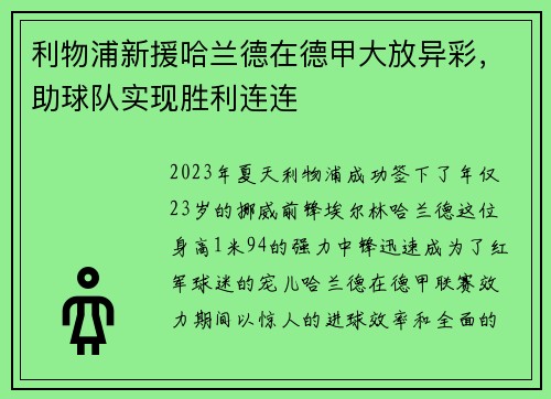 利物浦新援哈兰德在德甲大放异彩，助球队实现胜利连连